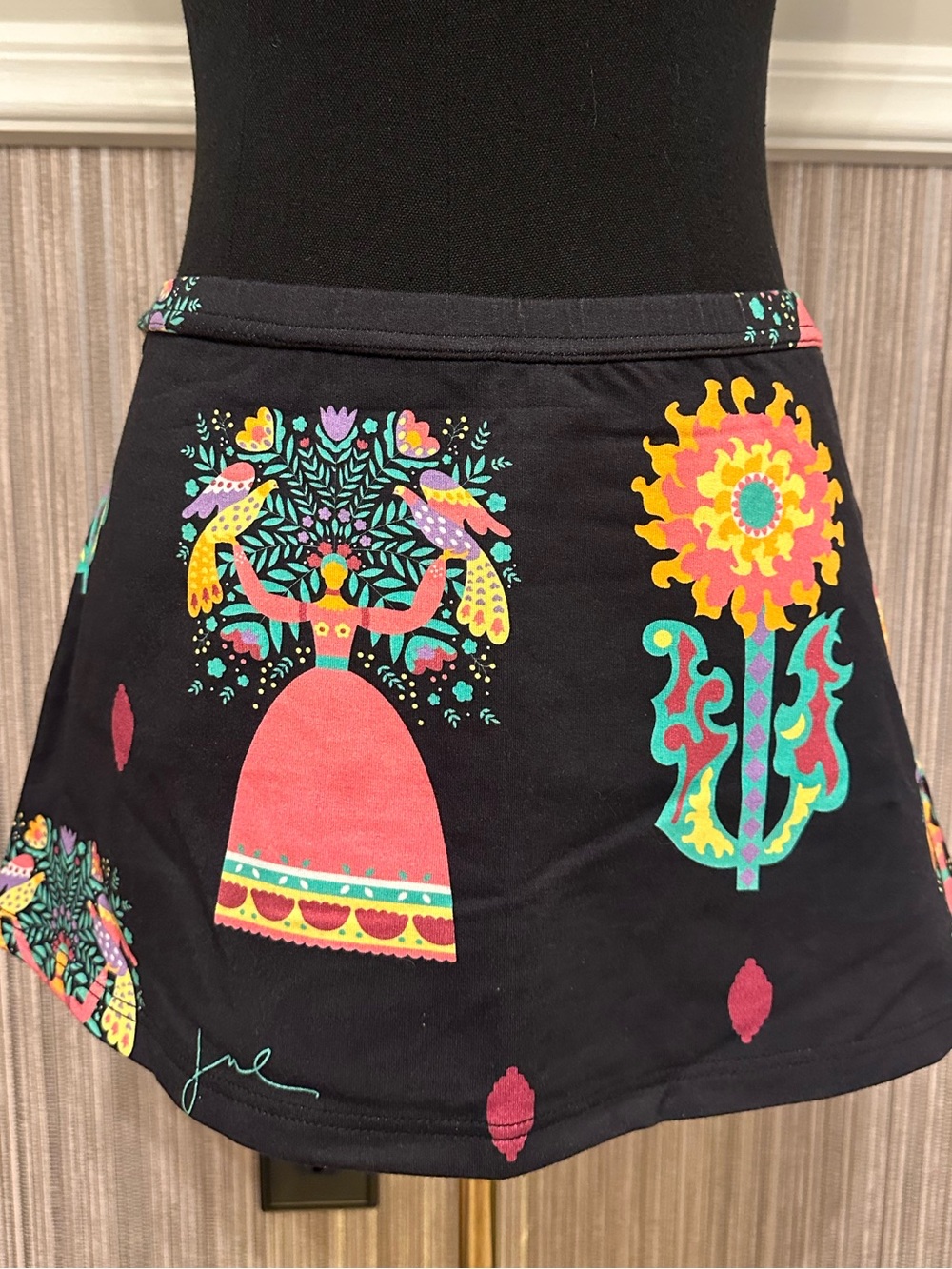 Jules Reid Folk Art Print Mini Skirt Black Multicolor Cotton Size Medium